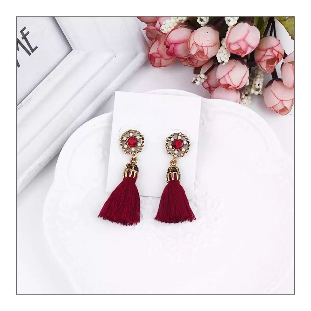 NEW Embellished Deep Red Boho Tassel Drop Earrings